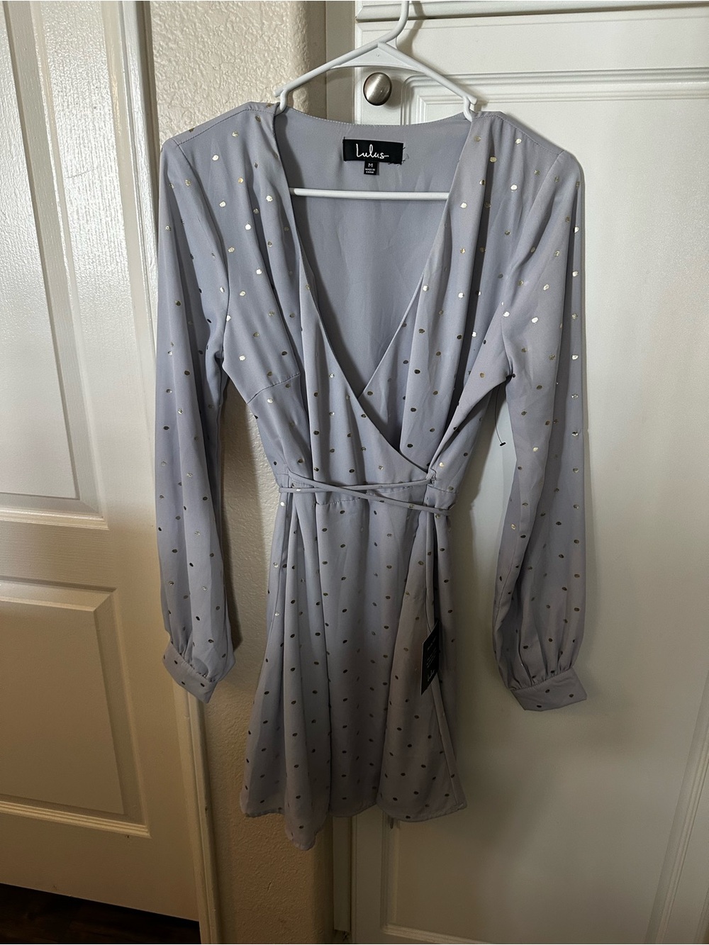 Lulu's Gray and Gold Polka Dot Long-Sleeve Wrap Dress